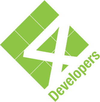 4Developers logo: a green rhombus with a 4 done by an absence of green and a green word Developers under